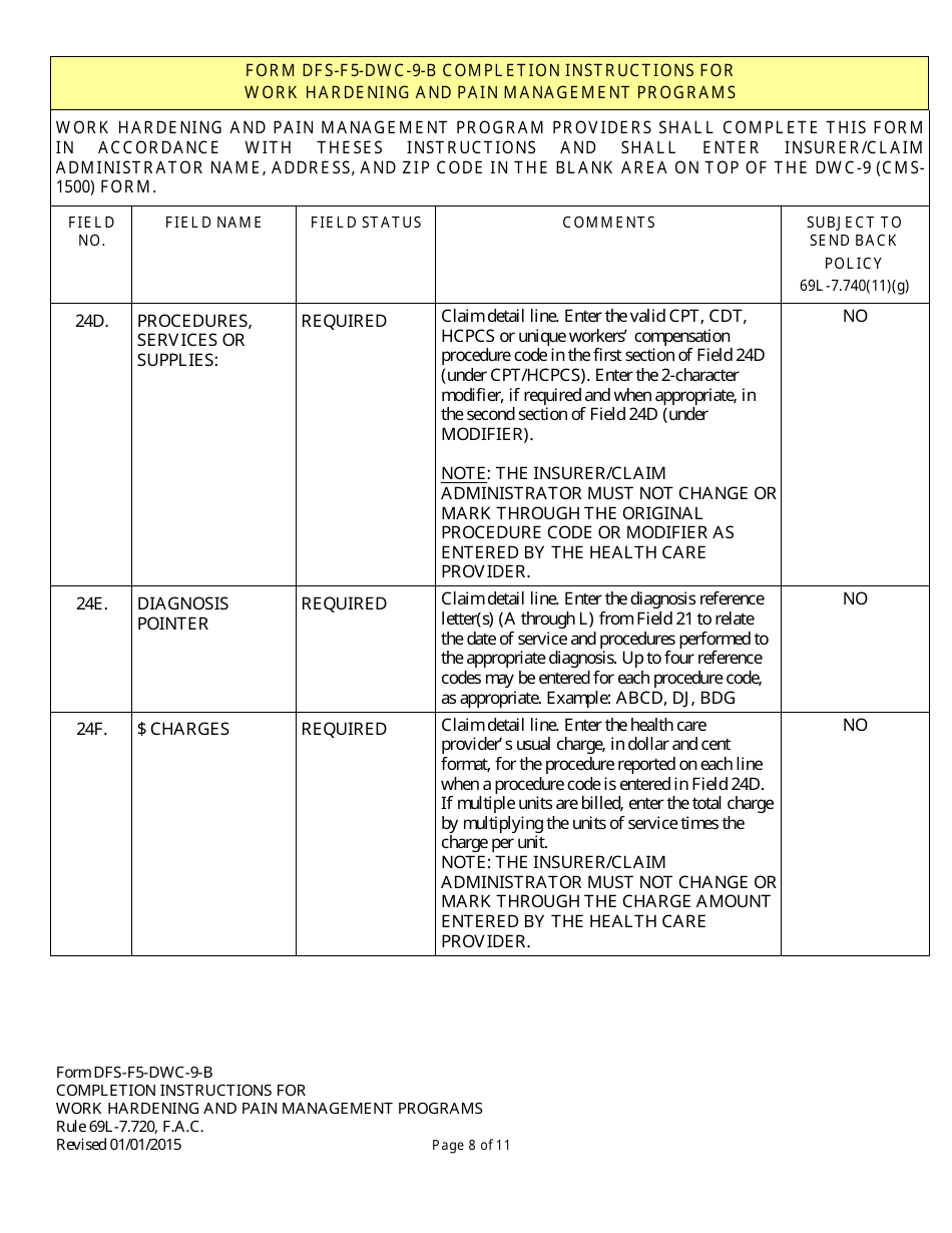 Instructions for Form DFS-F5-DWC-9 Health Insurance Claim Form (Work Hardening and Pain Management Programs) - Florida, Page 8