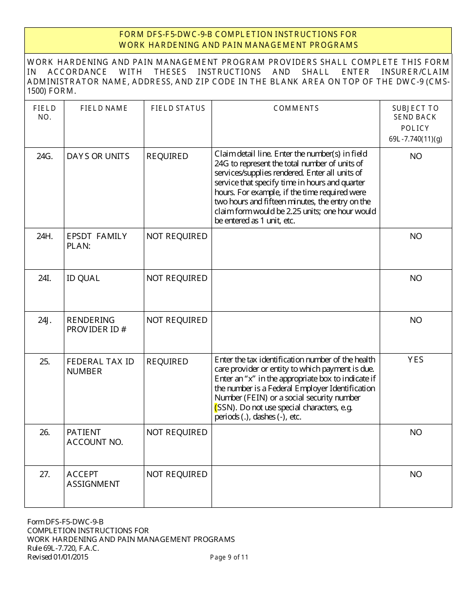 Instructions for Form DFS-F5-DWC-9 Health Insurance Claim Form (Work Hardening and Pain Management Programs) - Florida, Page 9