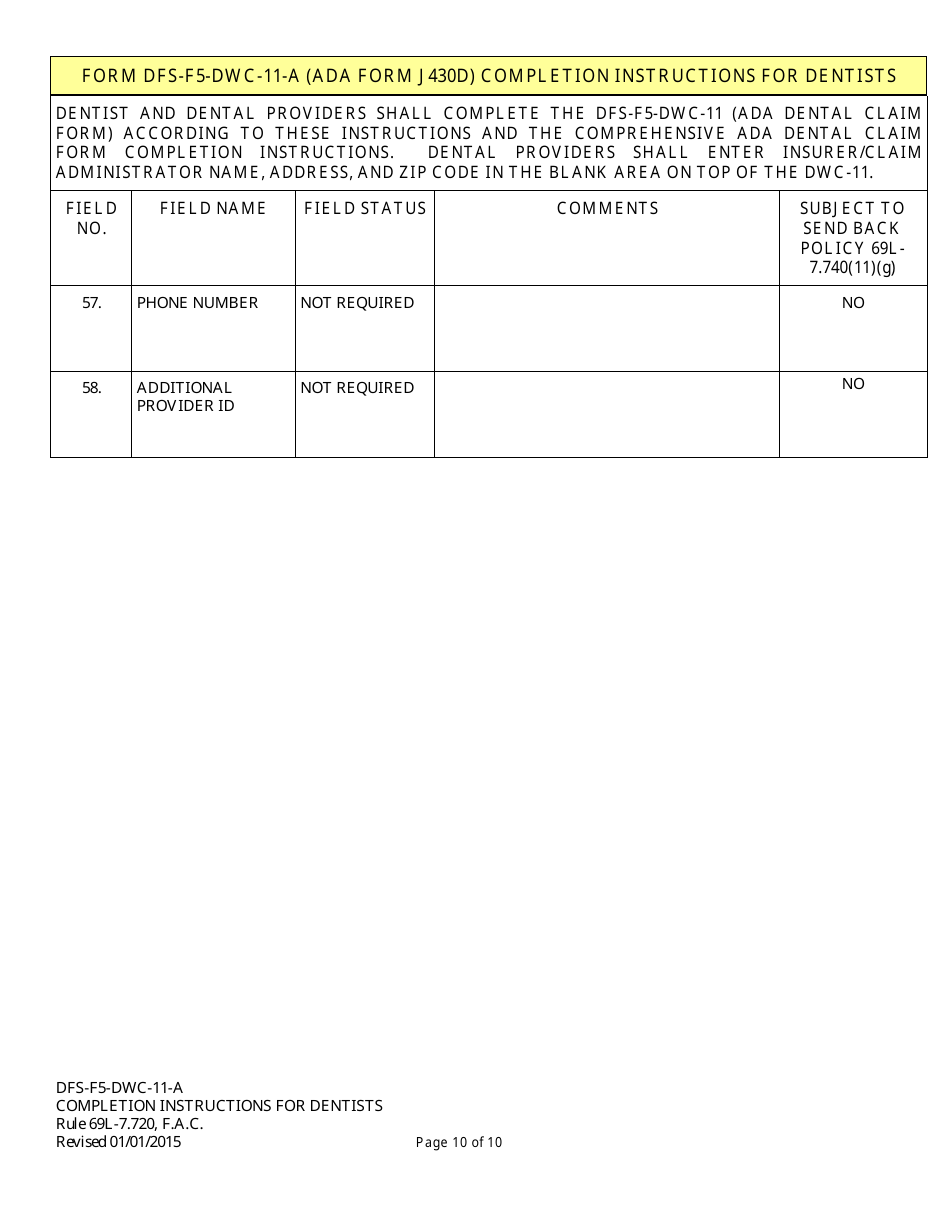 Instructions for Form DFS-F5-DWC-11, ADA Form J430D Ada Dental Claim Form - Florida, Page 10