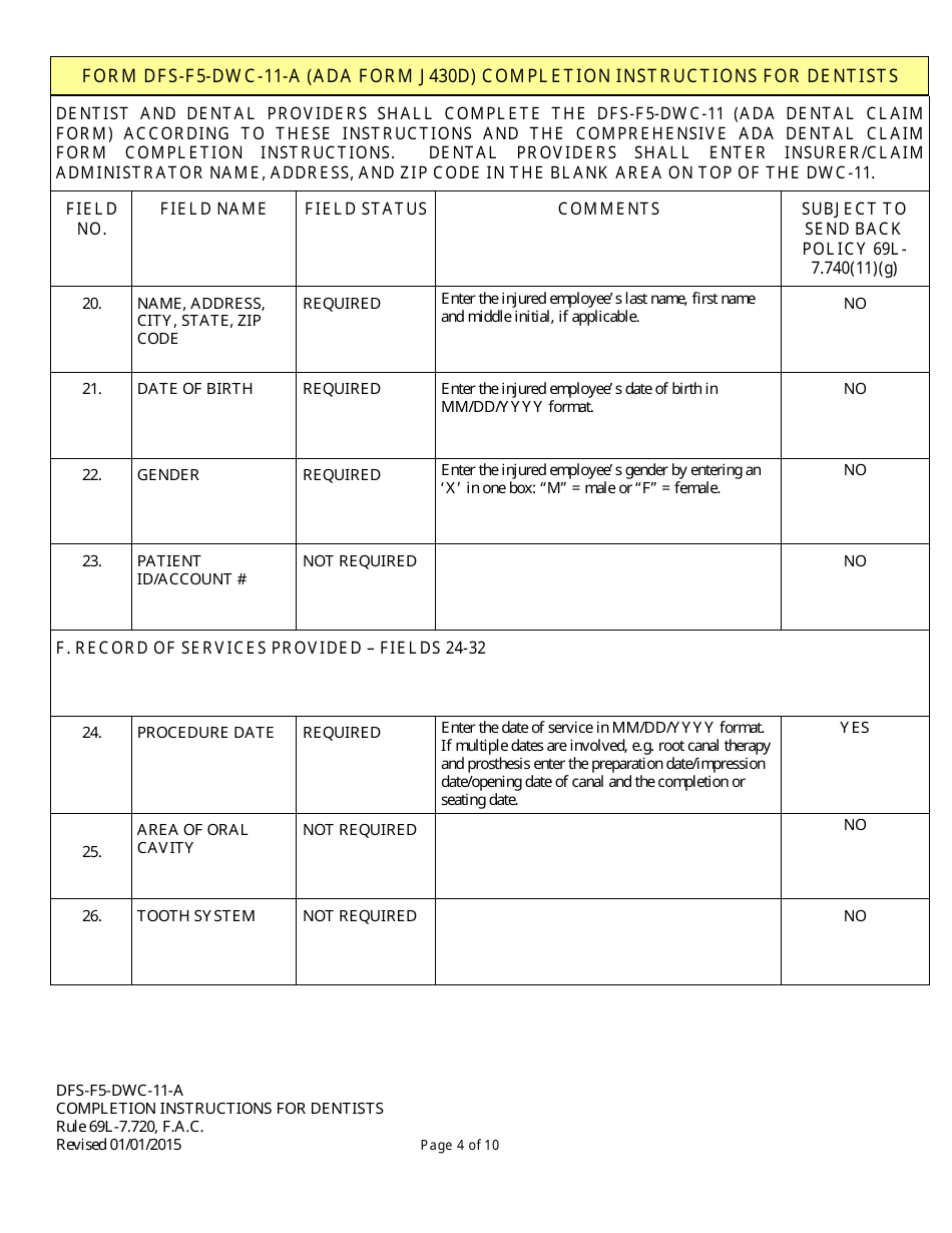 Instructions for Form DFS-F5-DWC-11, ADA Form J430D Ada Dental Claim Form - Florida, Page 4