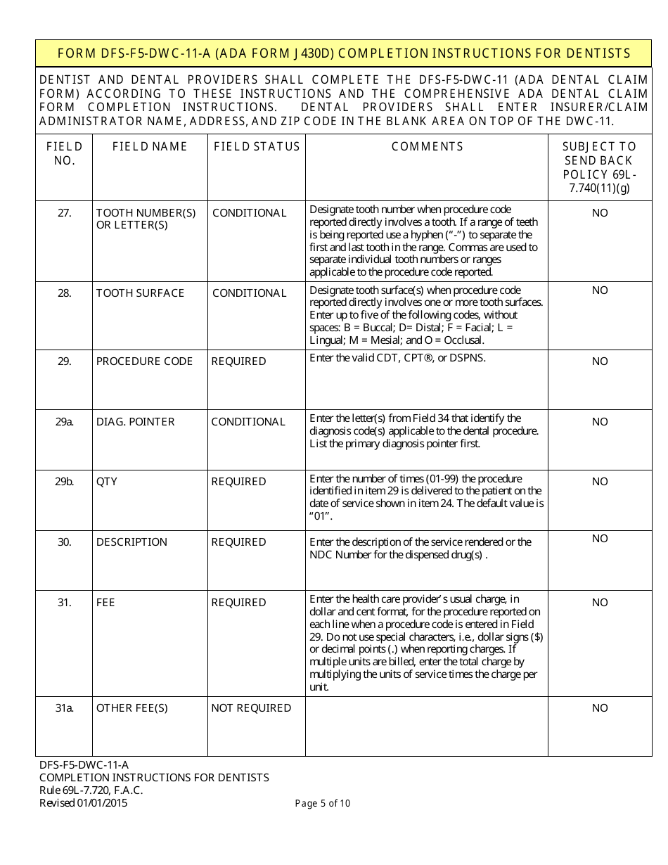 Instructions for Form DFS-F5-DWC-11, ADA Form J430D Ada Dental Claim Form - Florida, Page 5