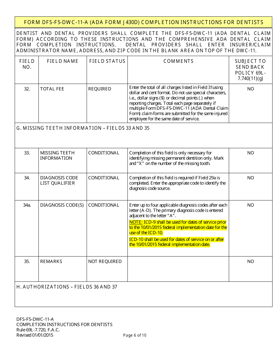 Instructions for Form DFS-F5-DWC-11, ADA Form J430D Ada Dental Claim Form - Florida, Page 6