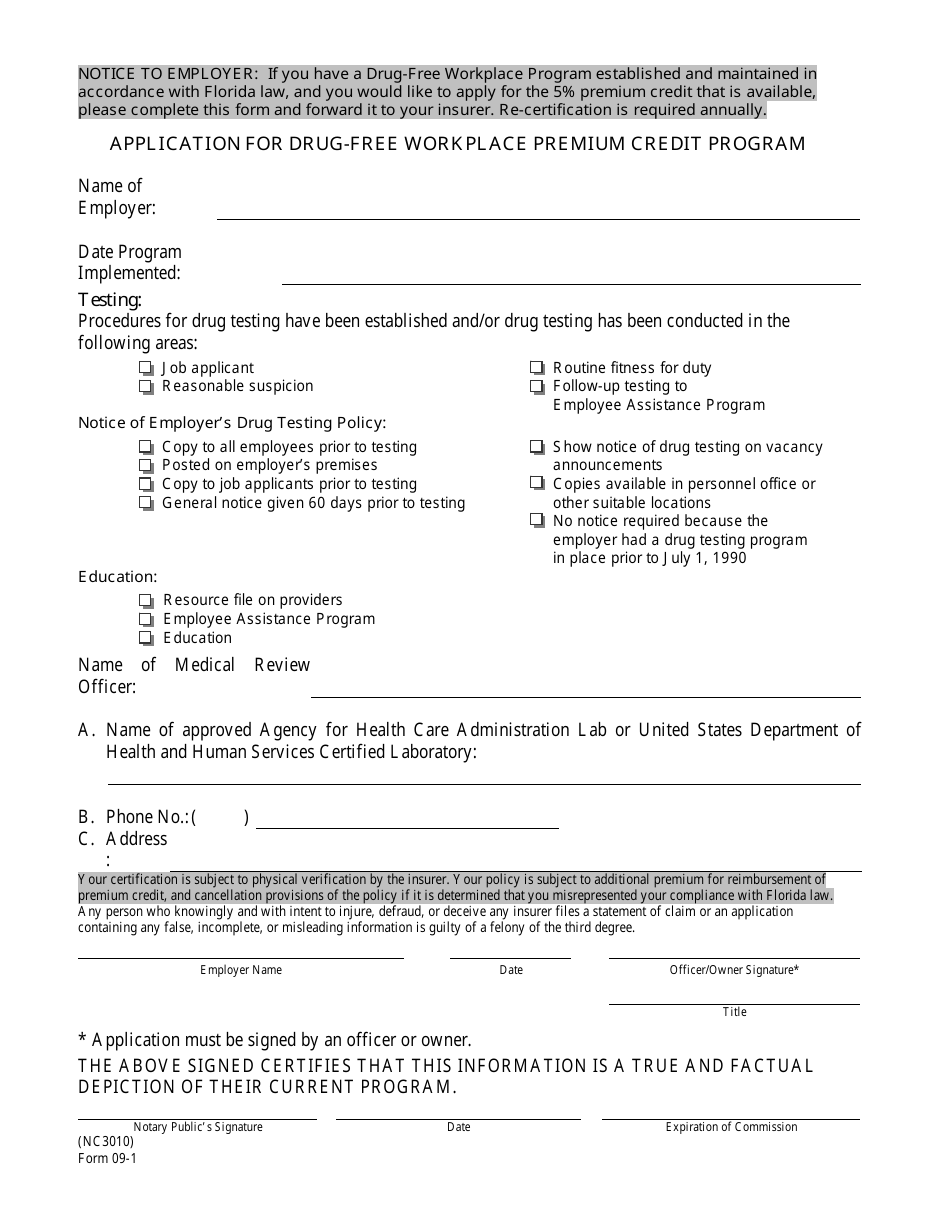 Form 09-1 Application for Drug-Free Workplace Premium Credit Program - Florida, Page 1