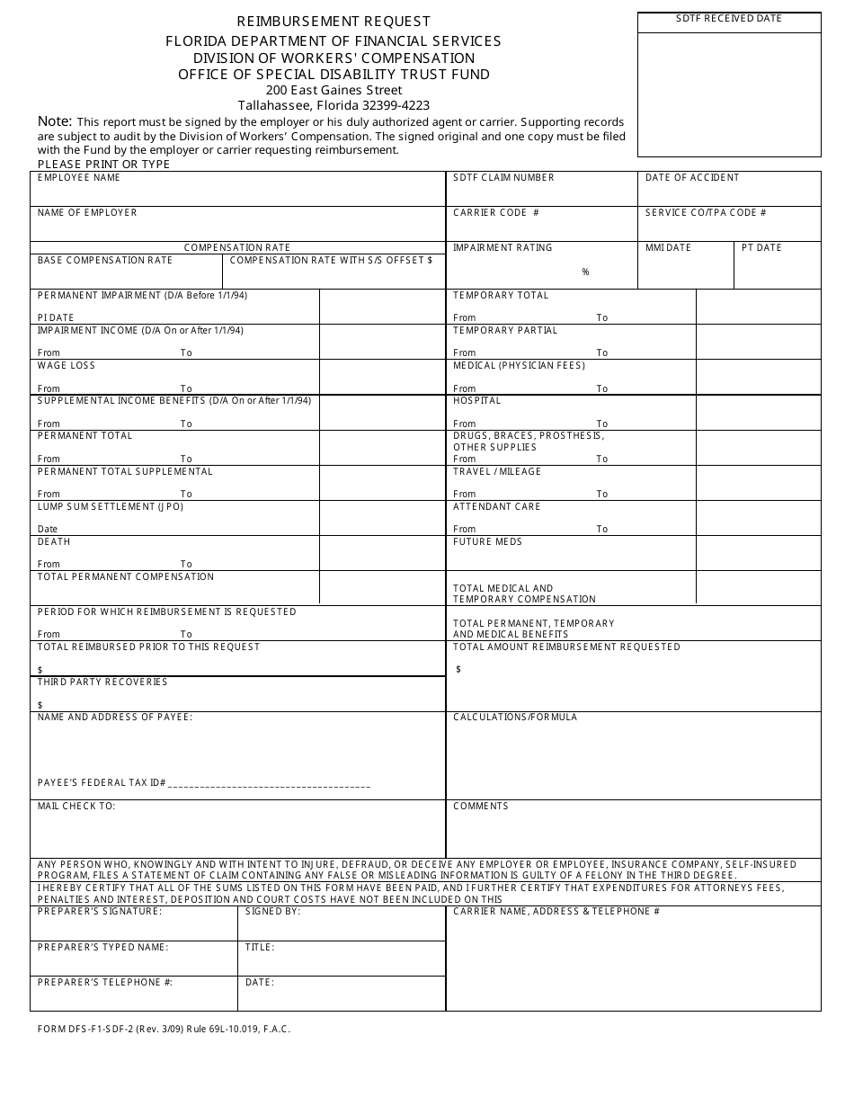 Form DFS-F1-SDF-2 Reimbursement Request - Florida, Page 1