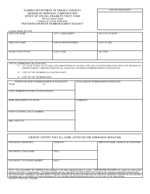 Form DFS-F1-PW-2 Preferred Worker Reimbursement Request - Florida