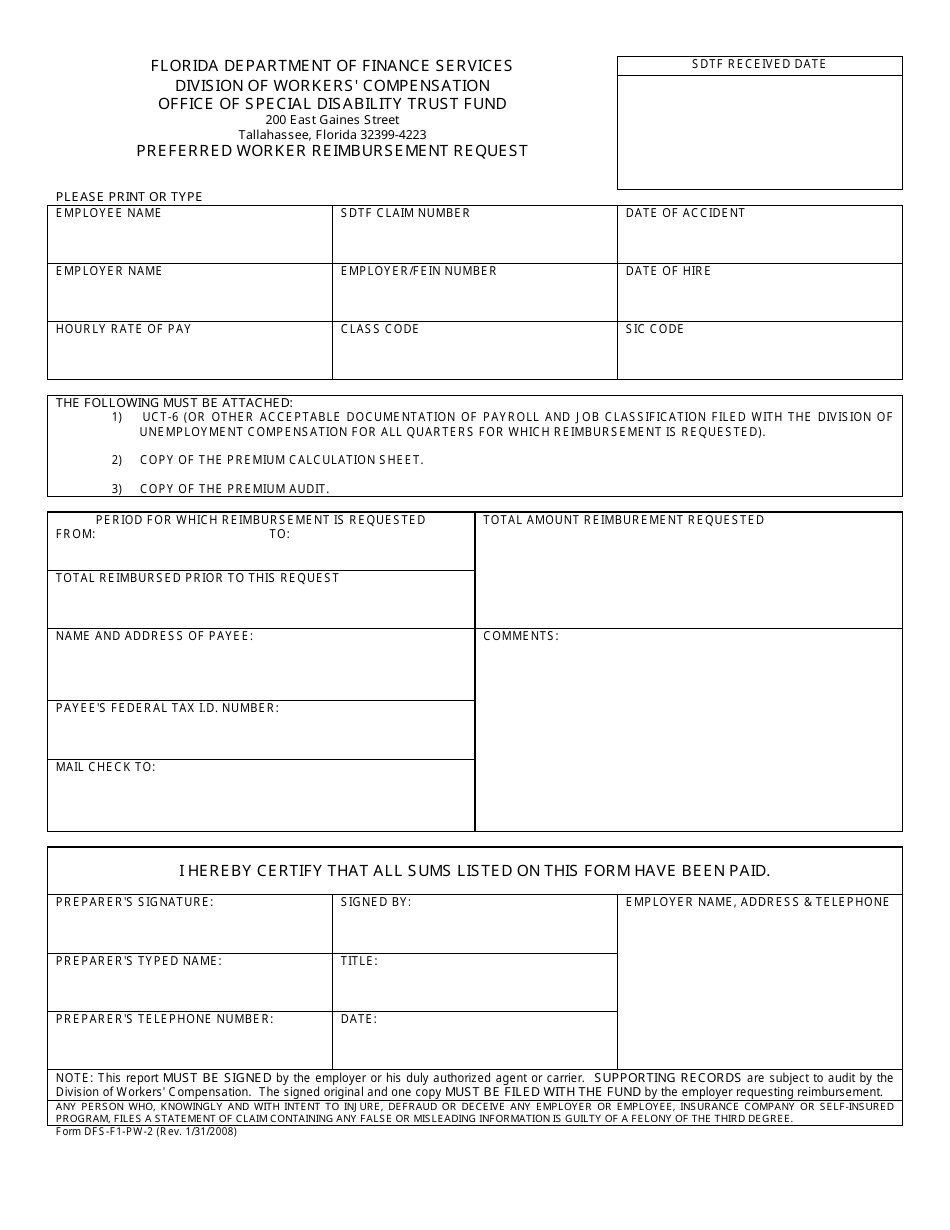 Form DFS-F1-PW-2 Preferred Worker Reimbursement Request - Florida, Page 1