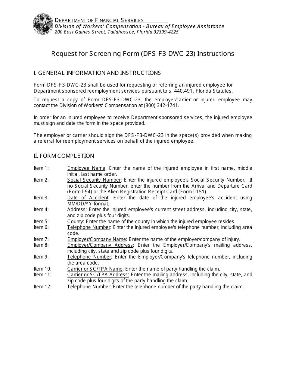 Instructions for Form DFS-F3-DWC-23 Request for Screening - Florida, Page 1