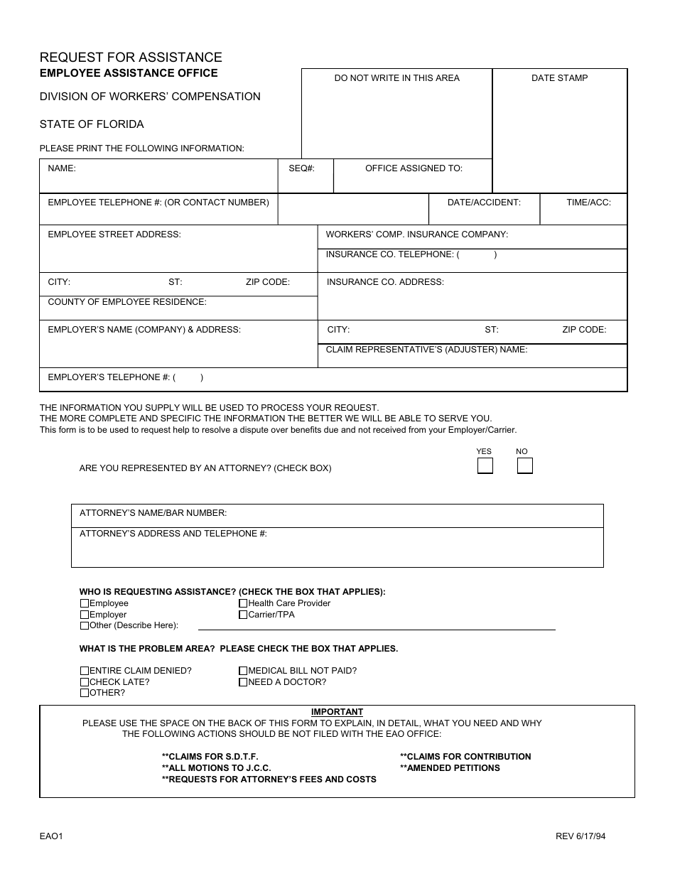 Form EAO1 Request for Assistance - Florida, Page 1