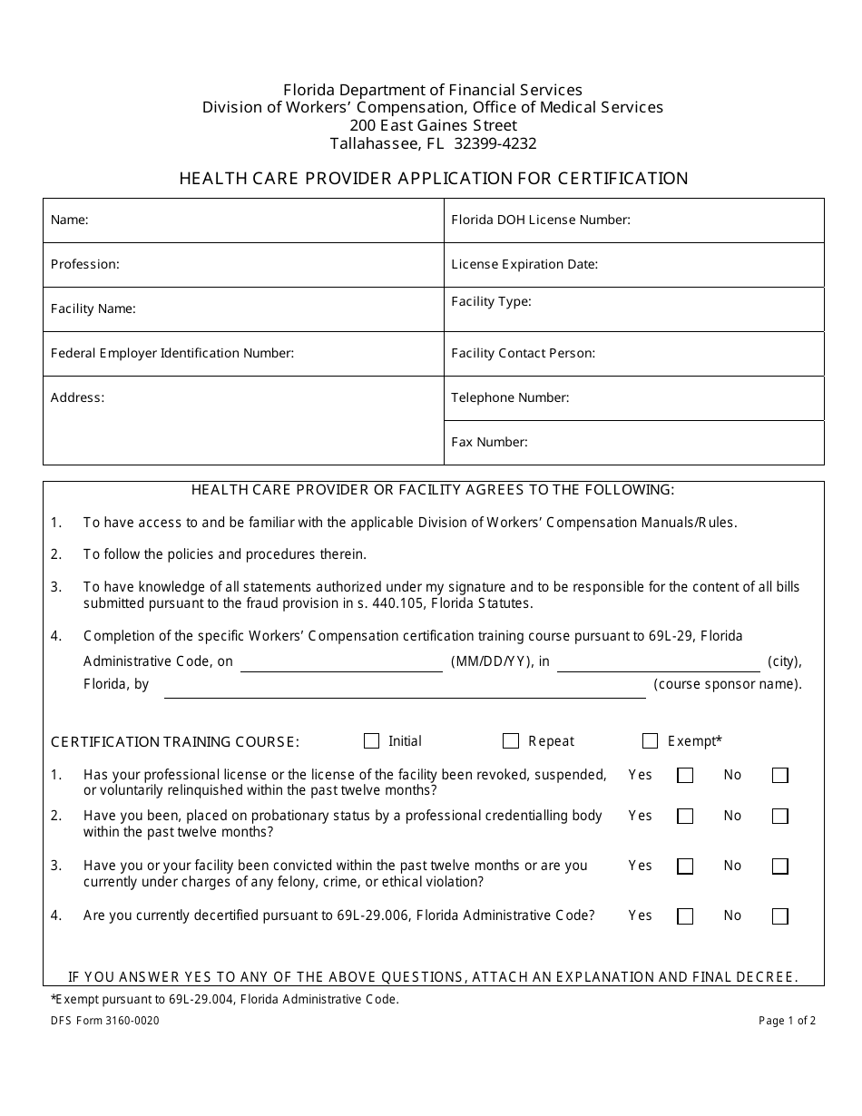 DFS Form 3160-0020 Health Care Provider Application for Certification - Florida, Page 1