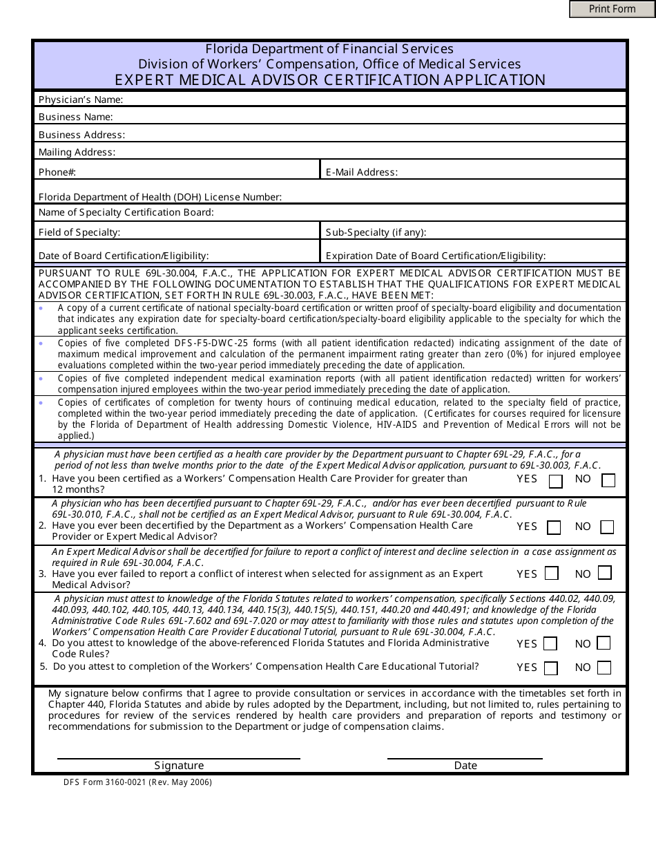 DFS Form 3160-0021 Expert Medical Advisor Certification Application - Florida, Page 1