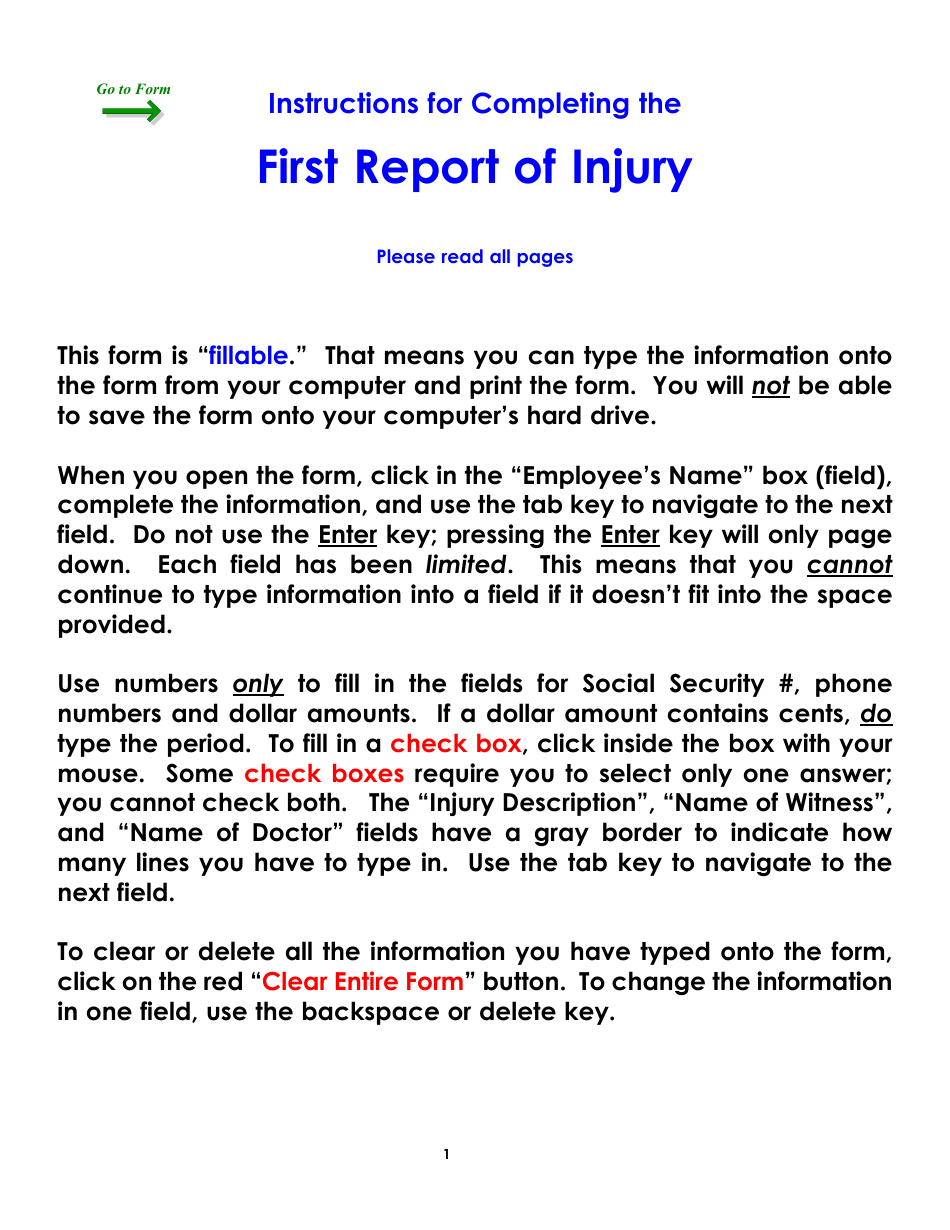 Form WC1 First Report of Injury - Colorado, Page 1