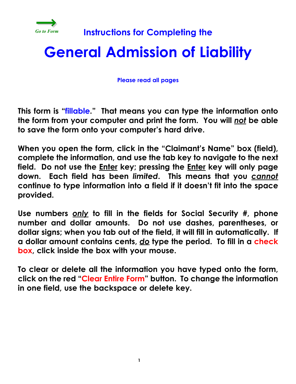 Form WC2 General Admission of Liability - Colorado, Page 1
