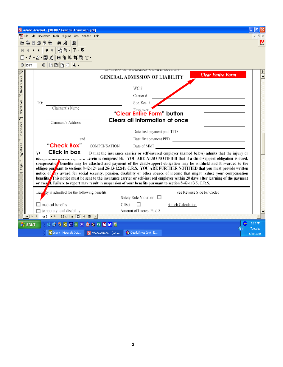 Form WC2 General Admission of Liability - Colorado, Page 2