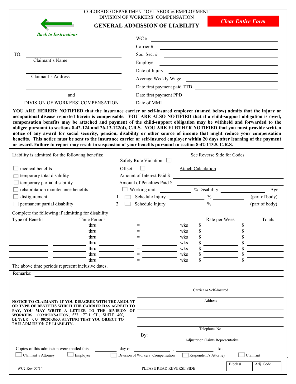 Form WC2 General Admission of Liability - Colorado, Page 3