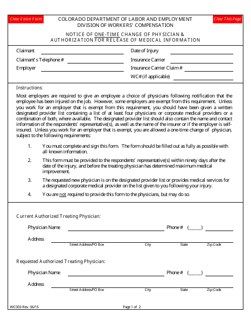 Form WC003 Notice of One-Time Change of Physician & Authorization for Release of Medical Information - Colorado