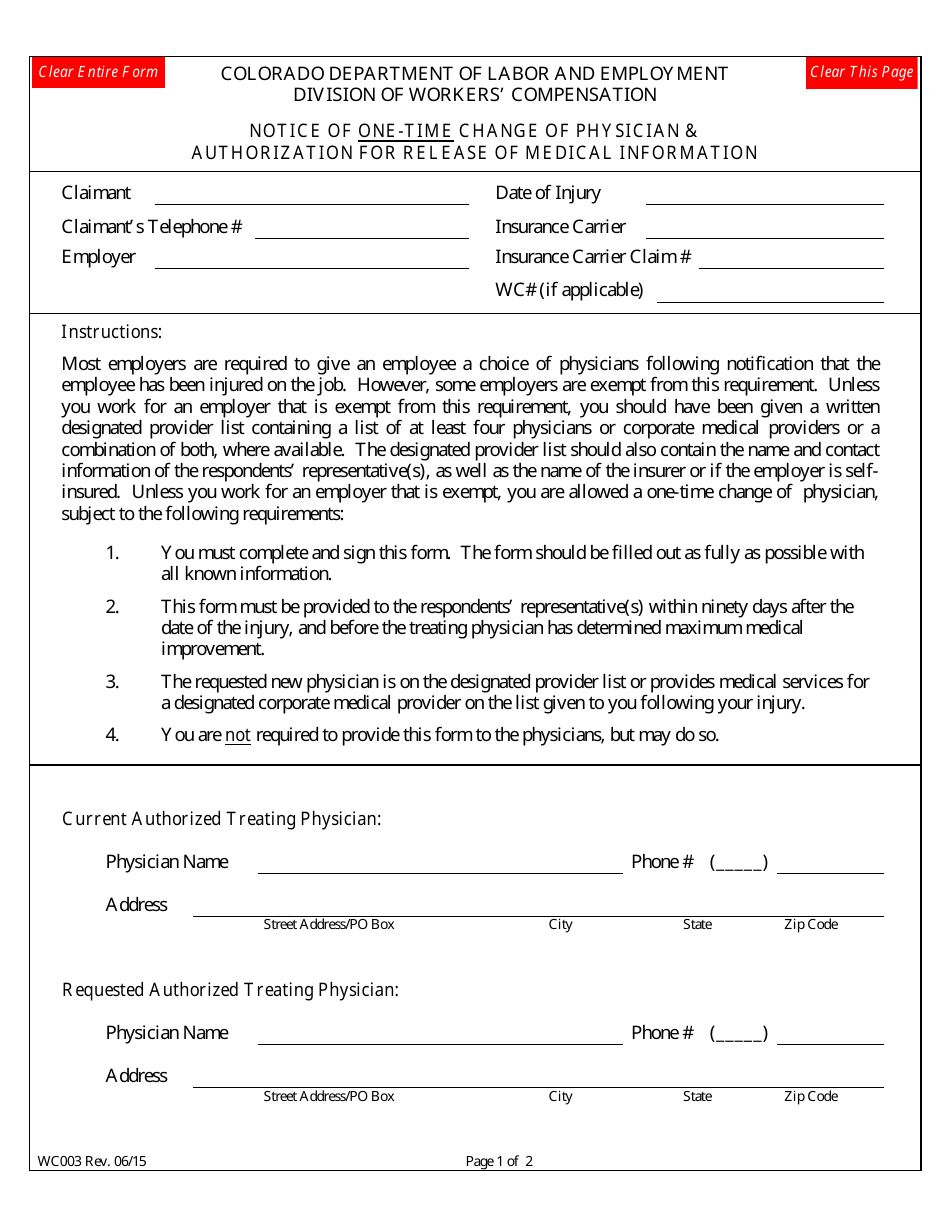 Form WC003 Notice of One-Time Change of Physician  Authorization for Release of Medical Information - Colorado, Page 1