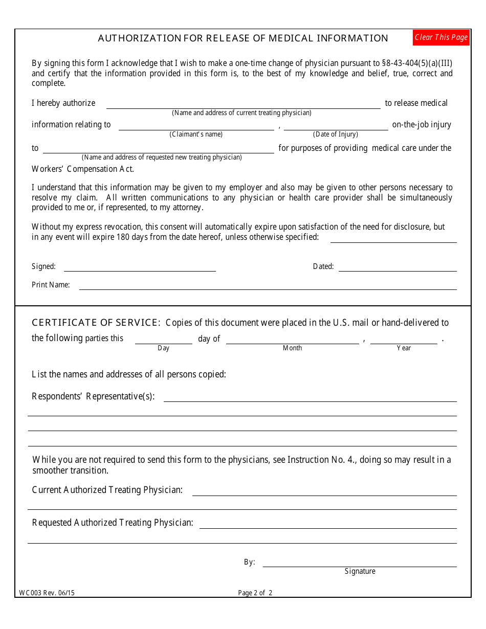 Form WC003 Notice of One-Time Change of Physician  Authorization for Release of Medical Information - Colorado, Page 2