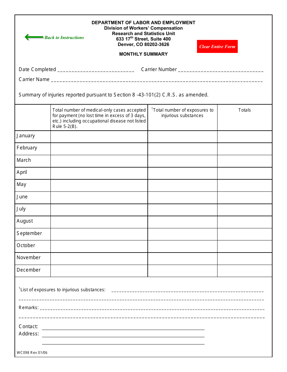 Form WC098 Monthly Summary - Colorado, Page 2
