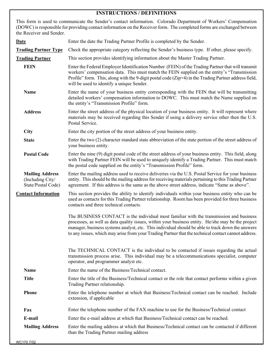 Form WC170 Senders Trading Partner Profile - Colorado, Page 4