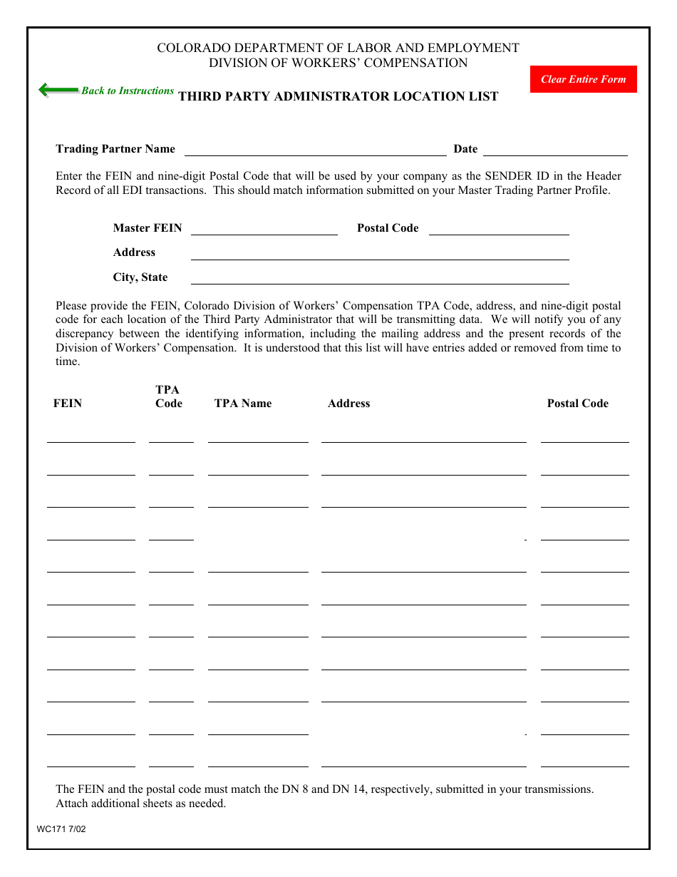 Form WC171 Fill Out, Sign Online and Download Fillable PDF, Colorado