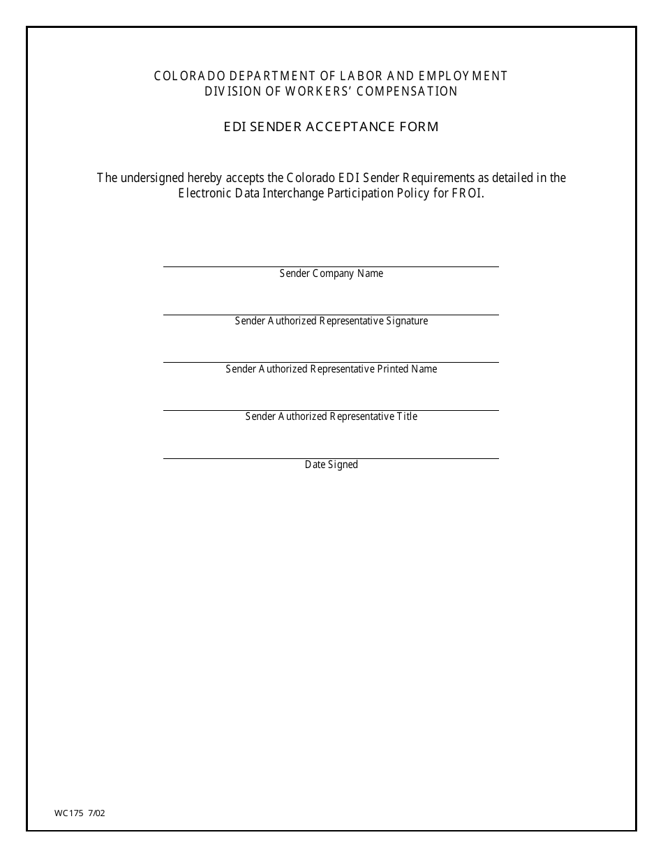 Form WC175 Edi Sender Acceptance Form - Colorado, Page 1