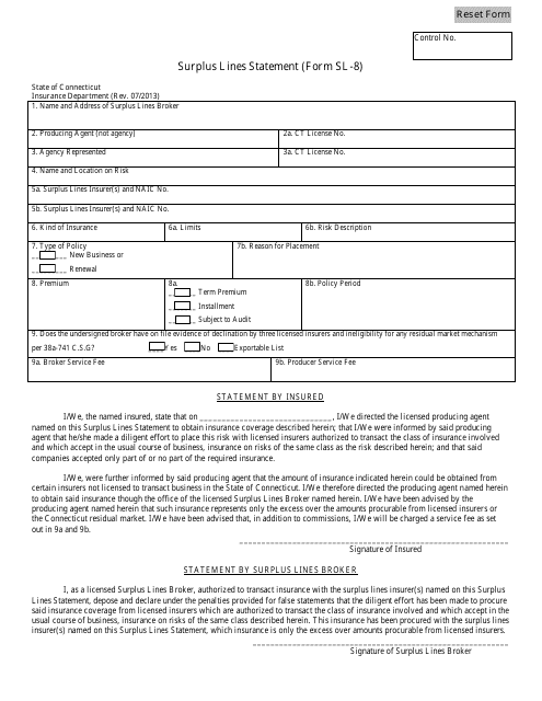 Form SL-8 Surplus Lines Statement - Connecticut