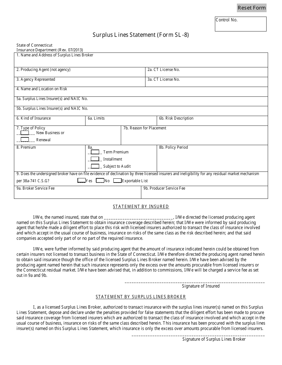 Form SL-8 Surplus Lines Statement - Connecticut, Page 1