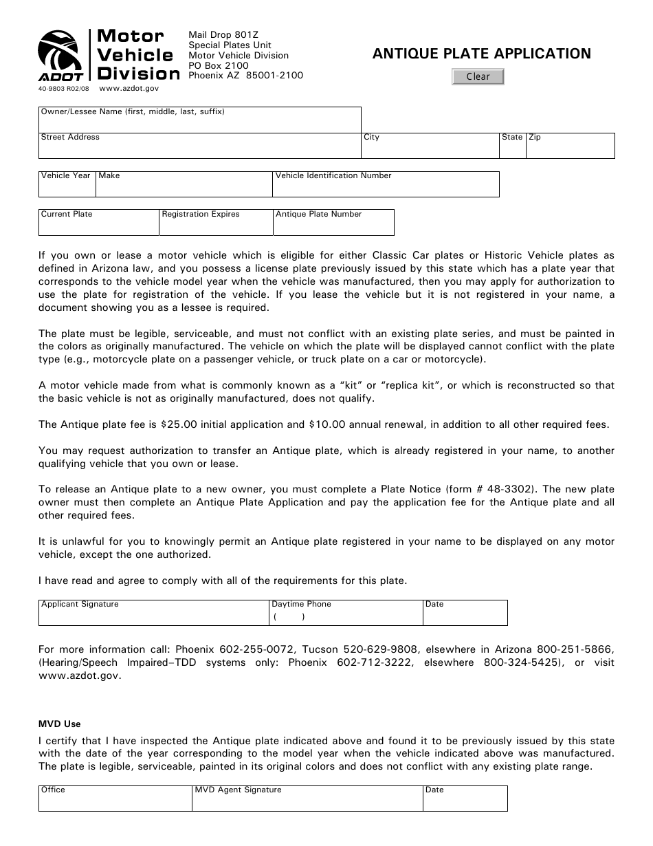 Form 40-9803 Antique Plate Application - Arizona, Page 1