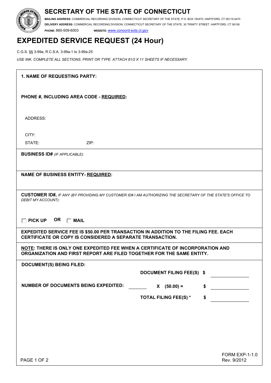 Form EXP-1-1.0 Expedited Service Request (24 Hour) - Connecticut, Page 1