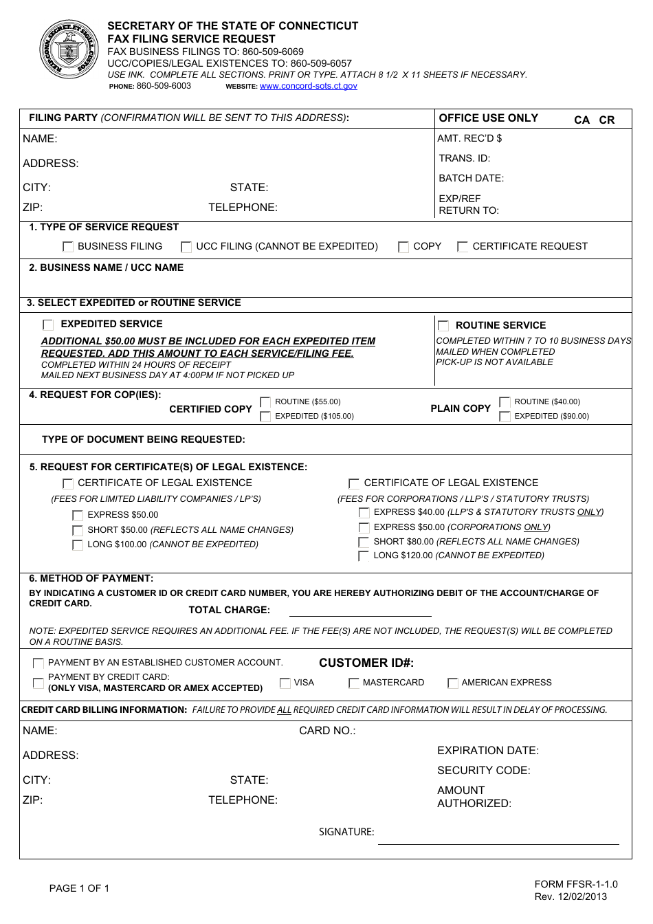 Form FFSR-1-1.0 Fax Filing Service Request - Connecticut, Page 1