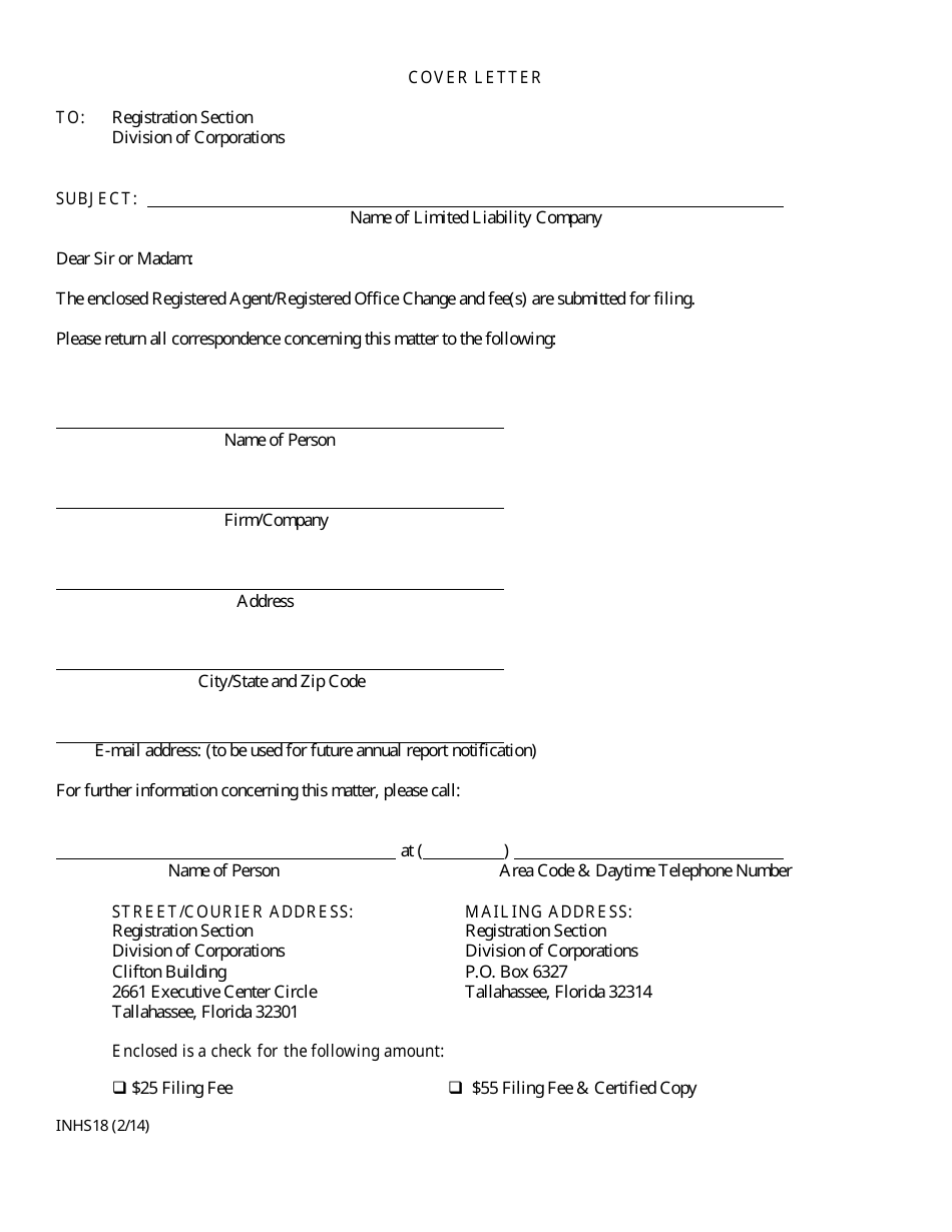 Form INHS18 Statement of Change of Registered Office or Registered Agent or Both for Limited Liability Company - Florida, Page 1