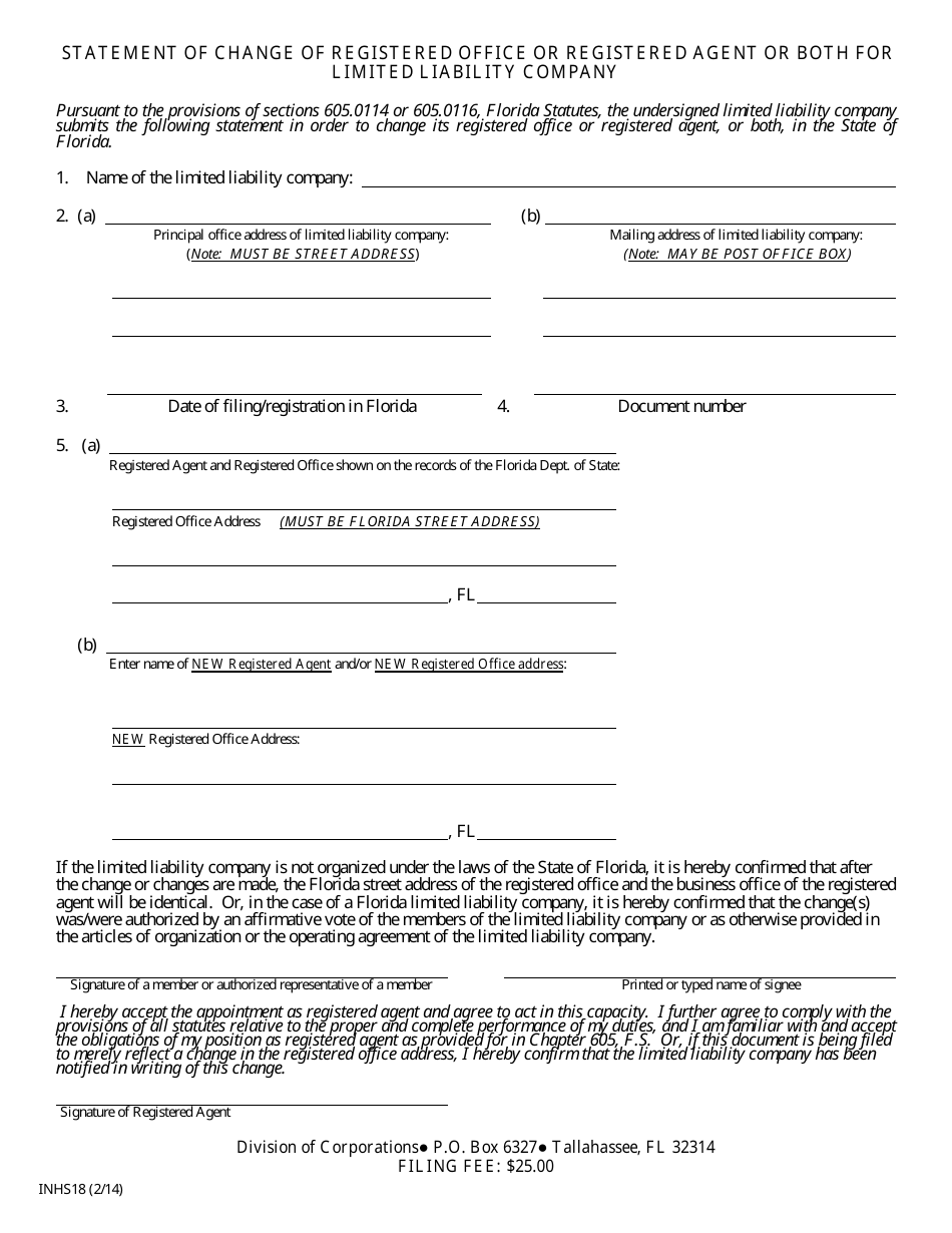 Form INHS18 Statement of Change of Registered Office or Registered Agent or Both for Limited Liability Company - Florida, Page 2
