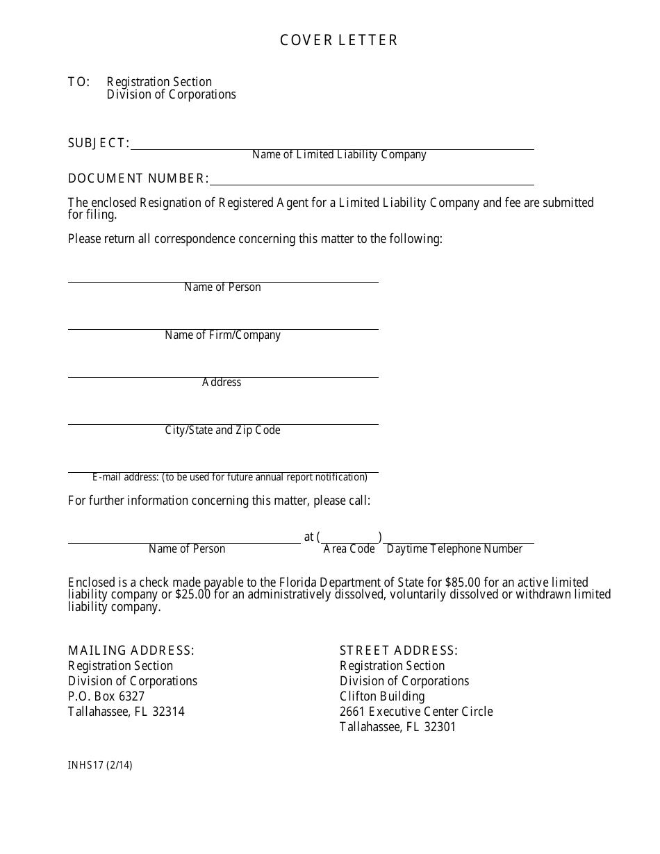 Form INHS17 Statement of Resignation of Registered Agent for a Limited Liability Company - Florida, Page 1
