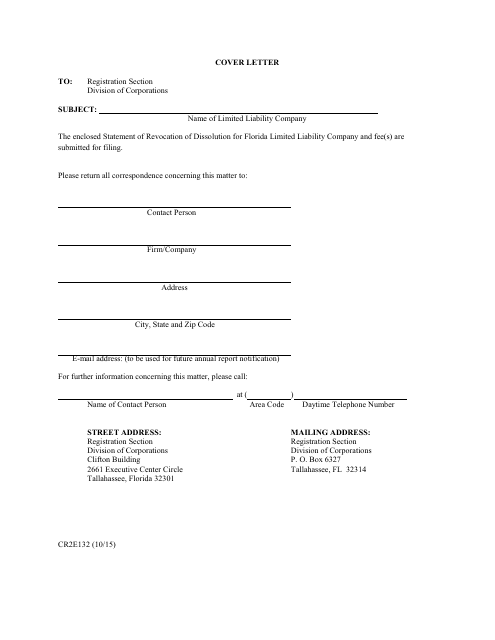 Form CR2E132 Statement of Revocation of Dissolution for Florida Limited Liability Company - Florida