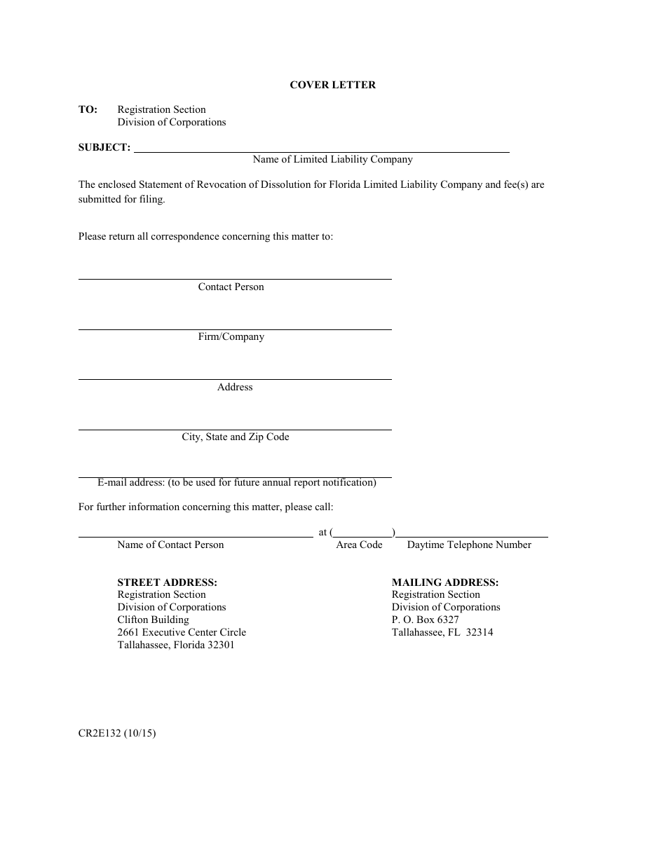 Form CR2E132 Statement of Revocation of Dissolution for Florida Limited Liability Company - Florida, Page 1