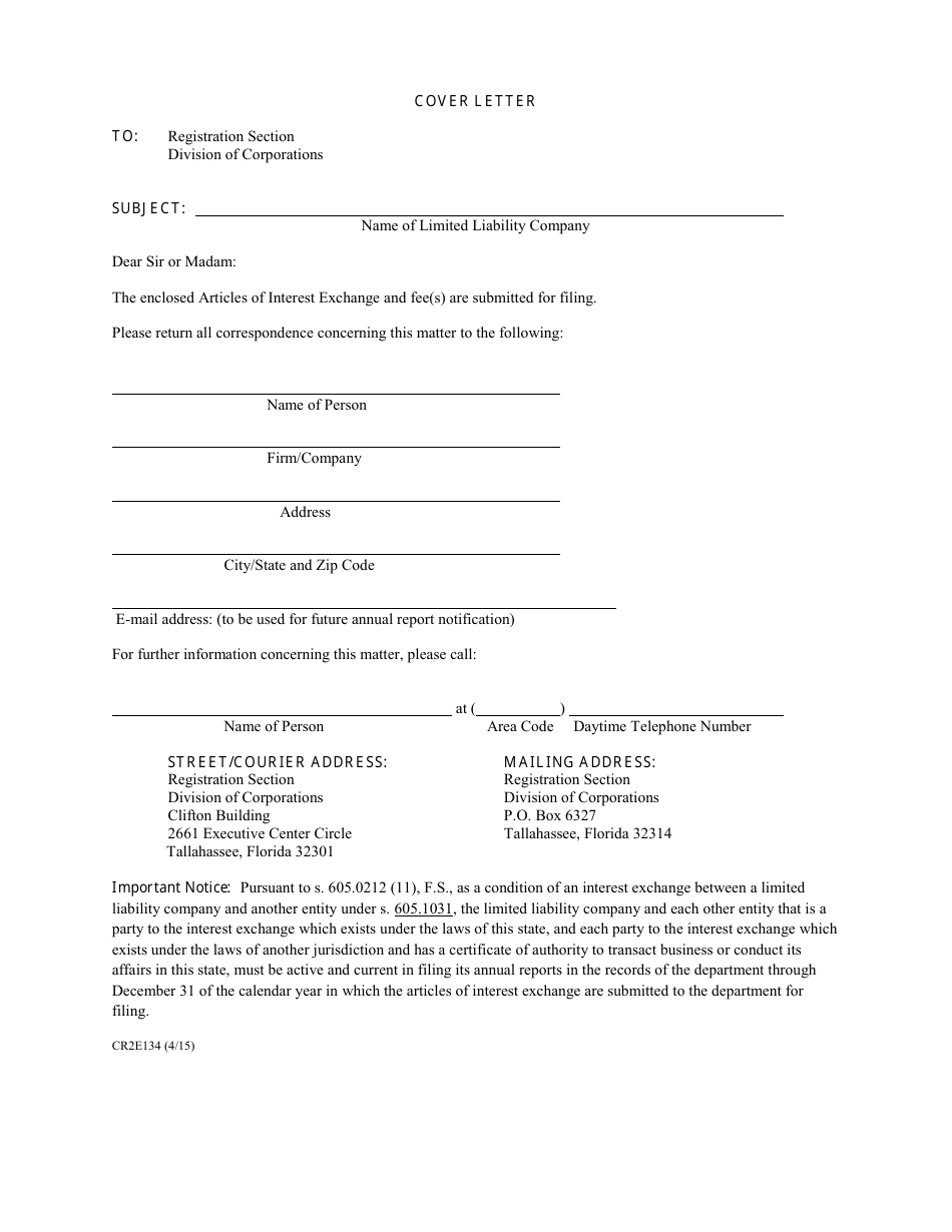 Form CR2E134 Articles of Interest Exchange - Florida, Page 1