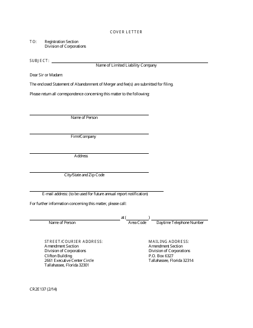 Form CR2E137 Statement of Abandonment of Merger - Florida