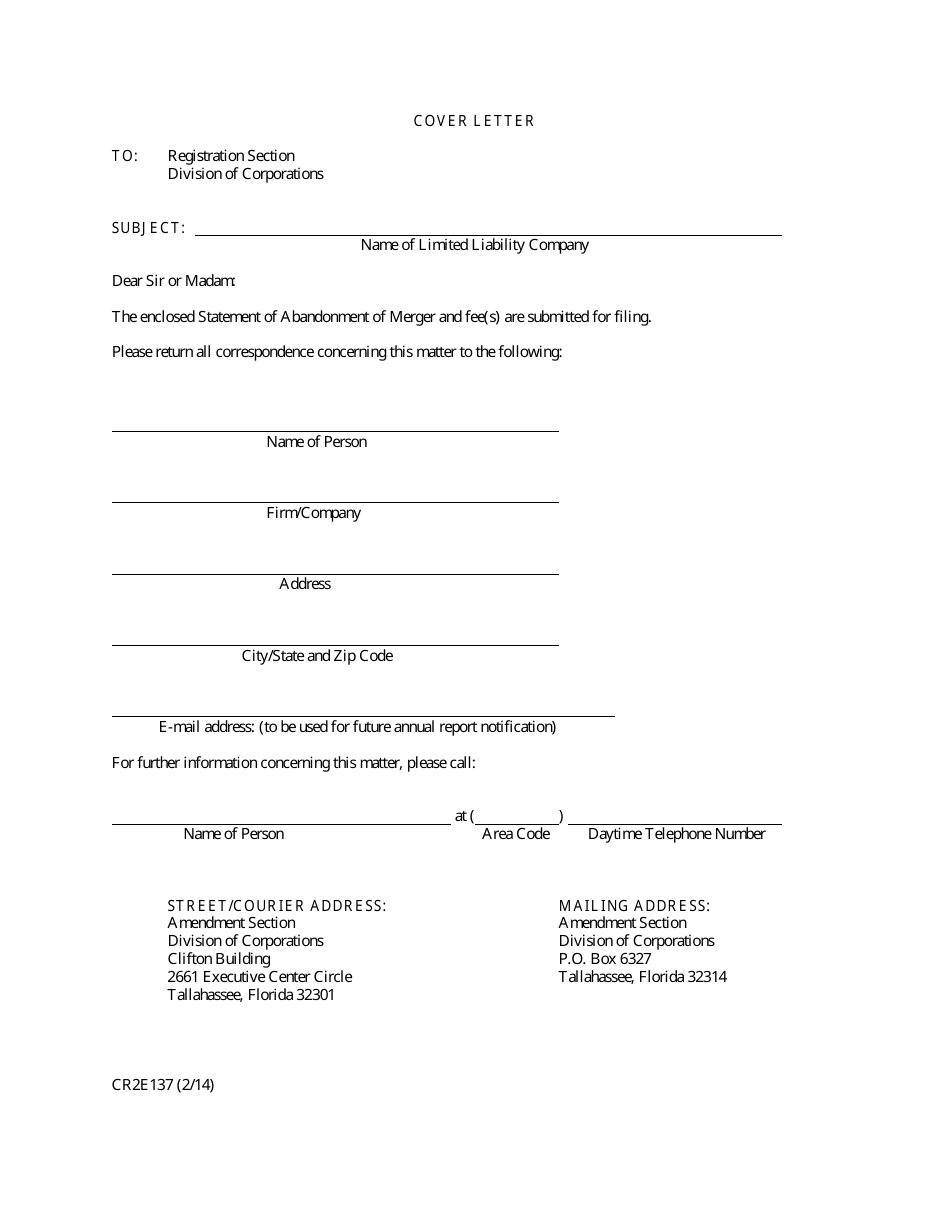 Form CR2E137 Statement of Abandonment of Merger - Florida, Page 1