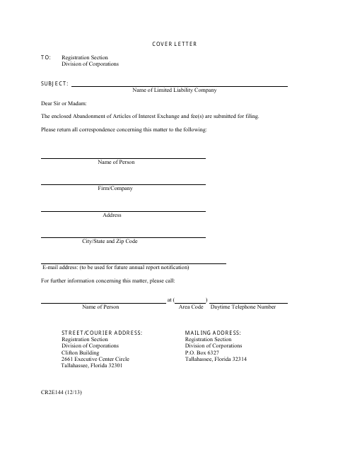 Form CR2E144 Abandonment of Articles of Interest Exchange - Florida