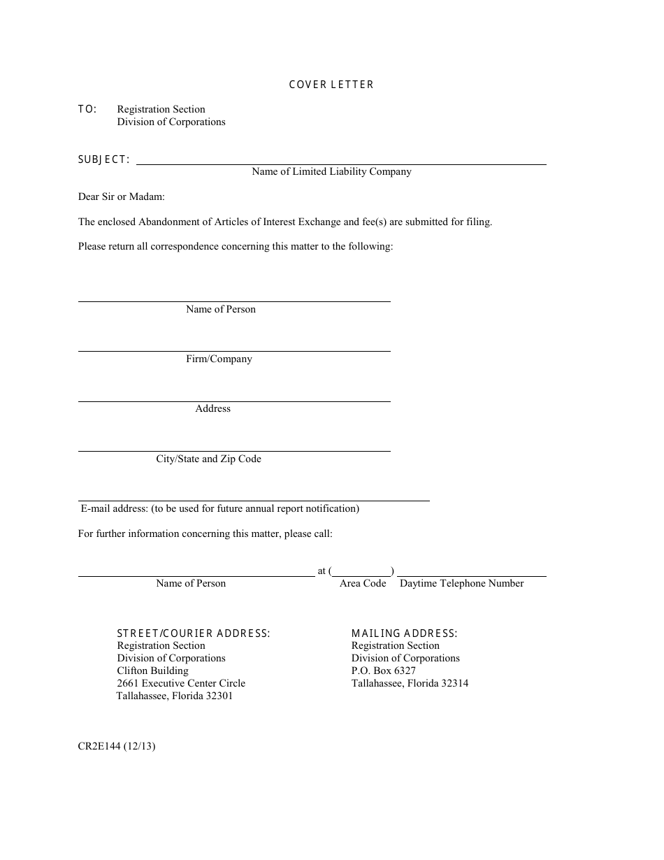 Form CR2E144 Abandonment of Articles of Interest Exchange - Florida, Page 1