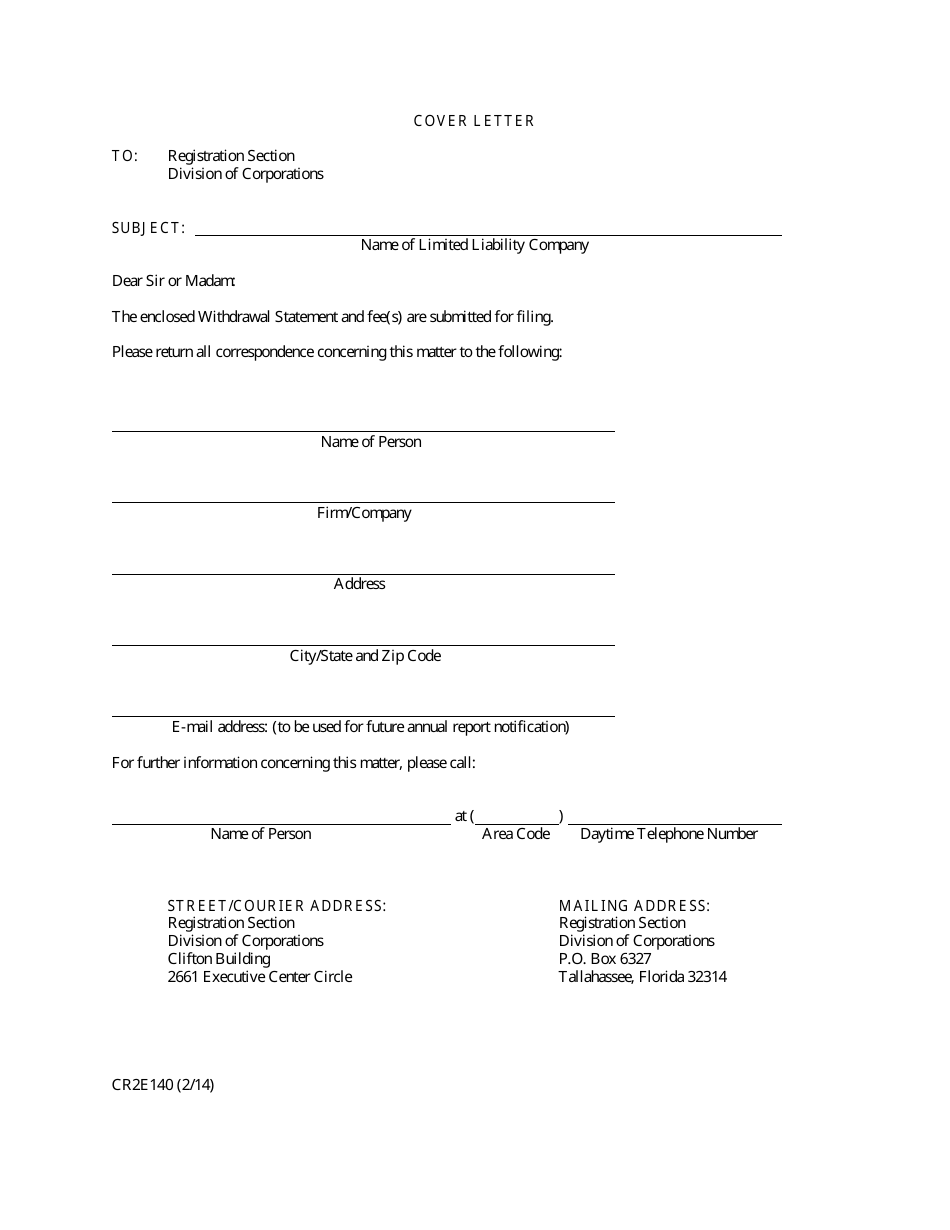Form CR2E140 Withdrawal Statement - Florida, Page 1