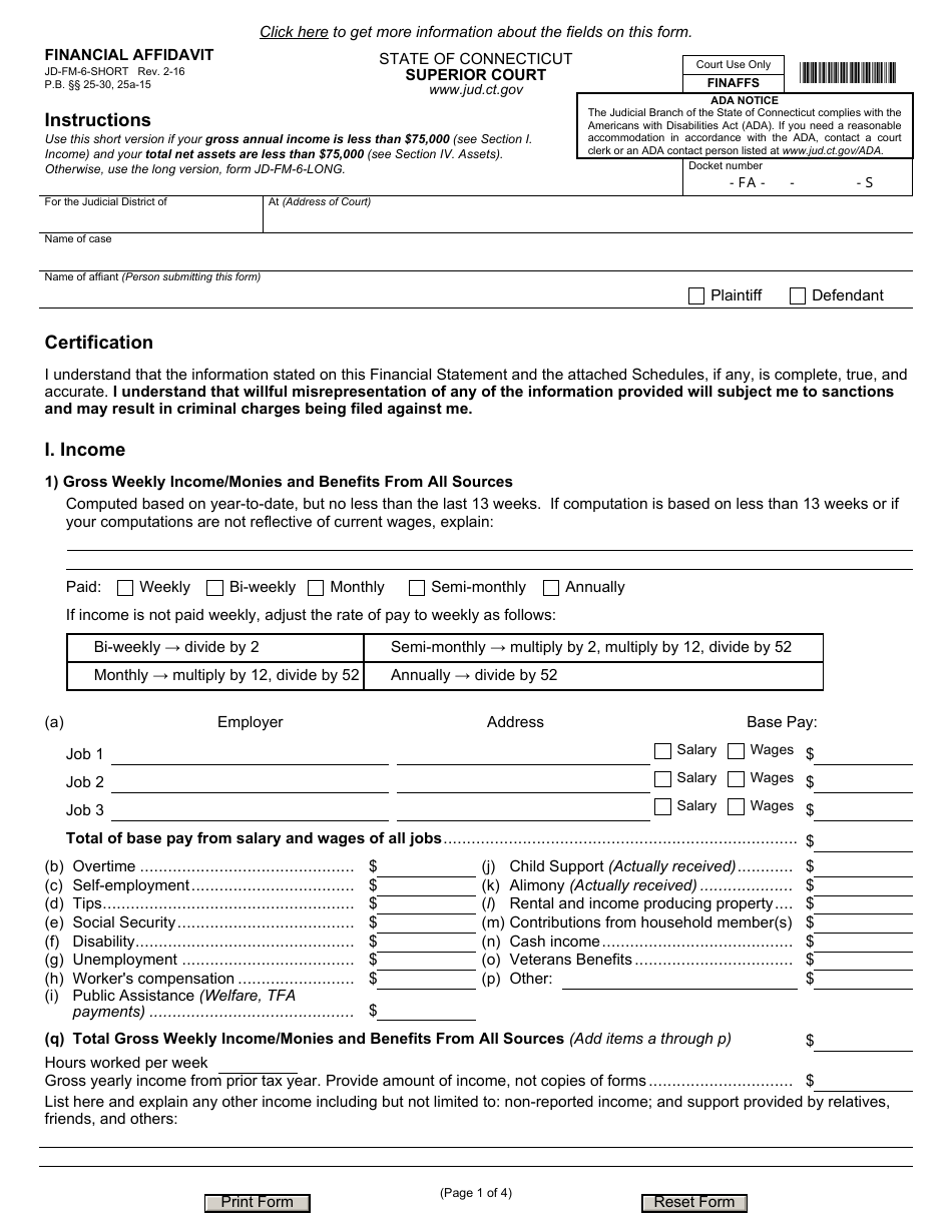 Form JD-FM-6-SHORT Financial Affidavit - Connecticut, Page 1
