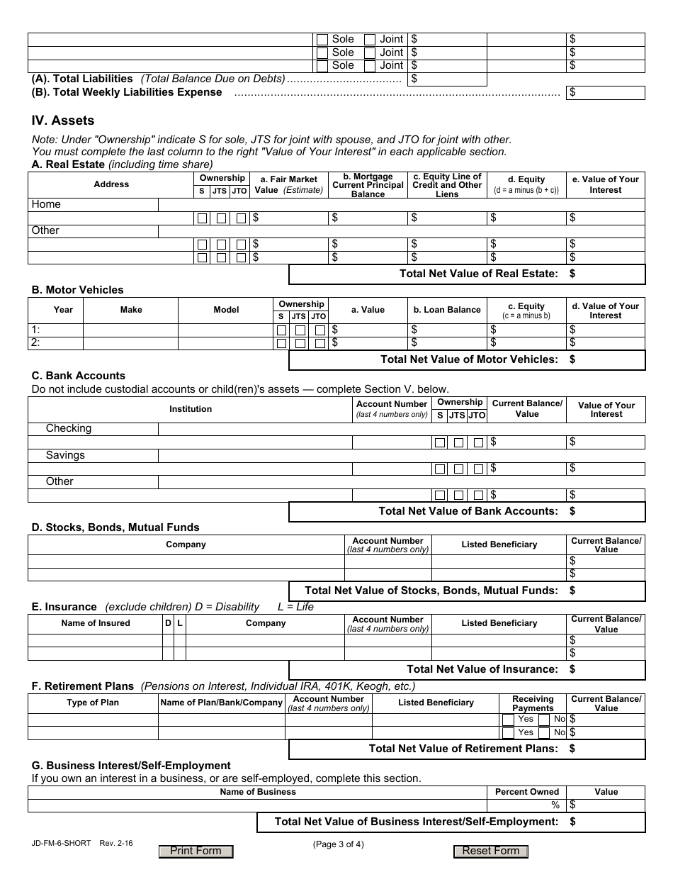 Form JD-FM-6-SHORT Financial Affidavit - Connecticut, Page 3