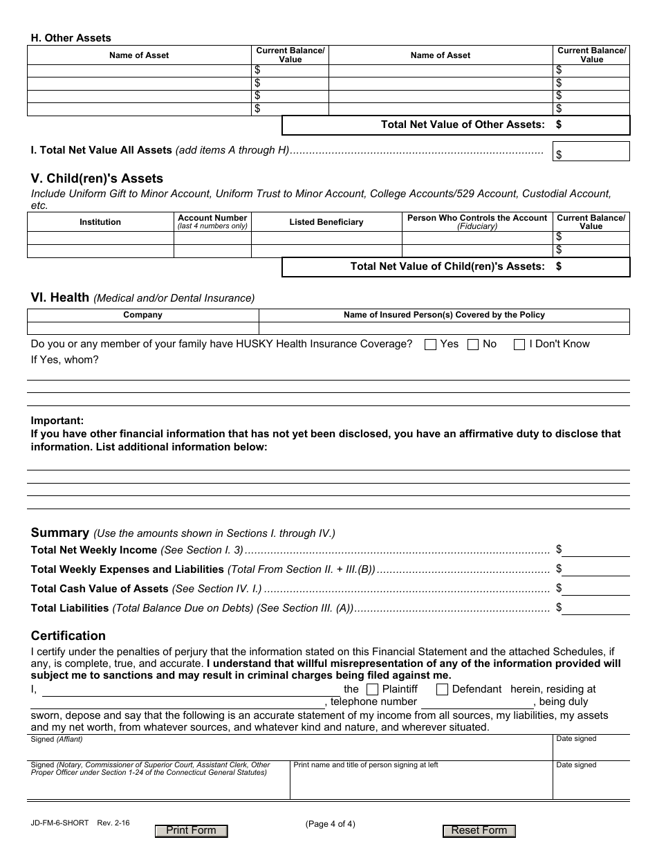 Form JD-FM-6-SHORT Financial Affidavit - Connecticut, Page 4