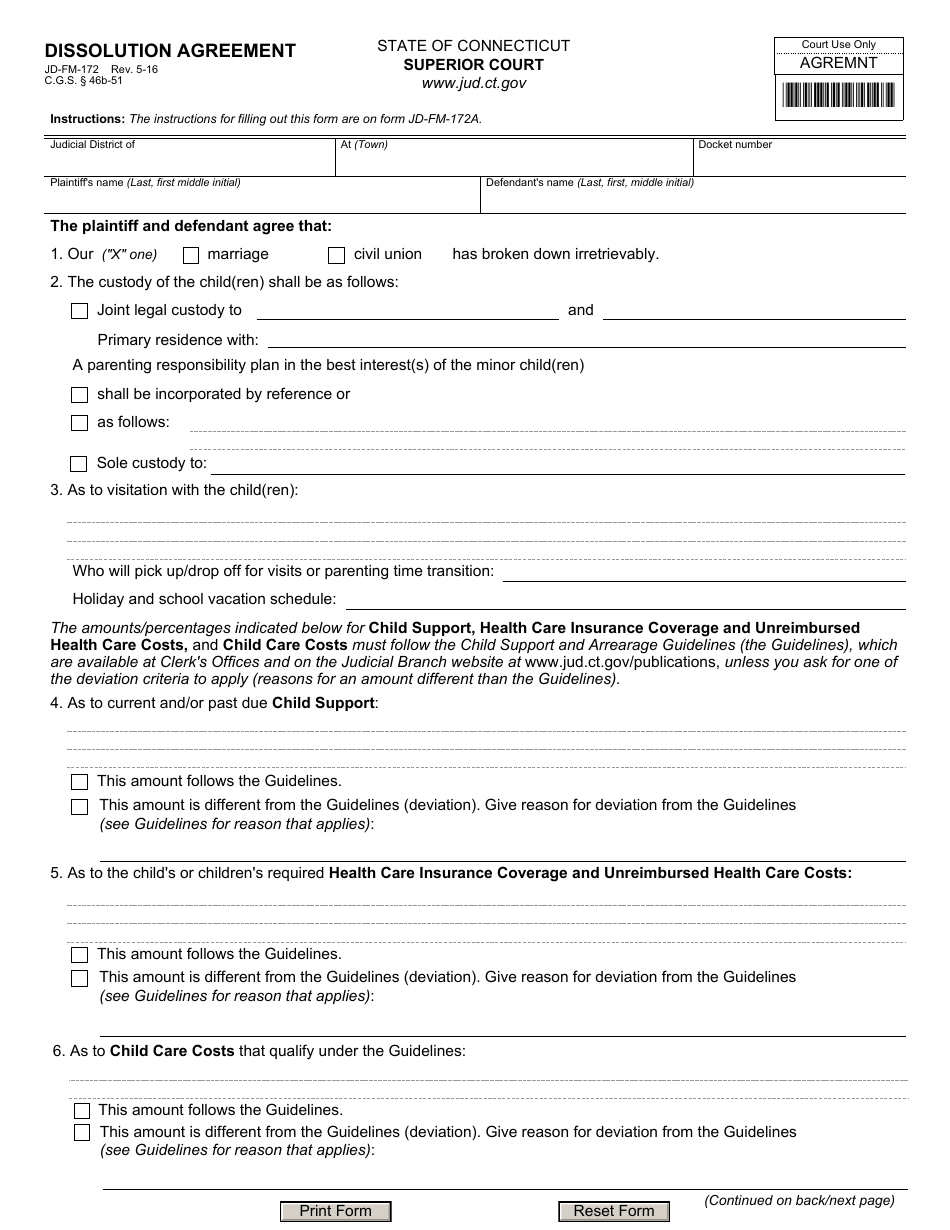 Form JD-FM-172 Dissolution Agreement - Connecticut, Page 1