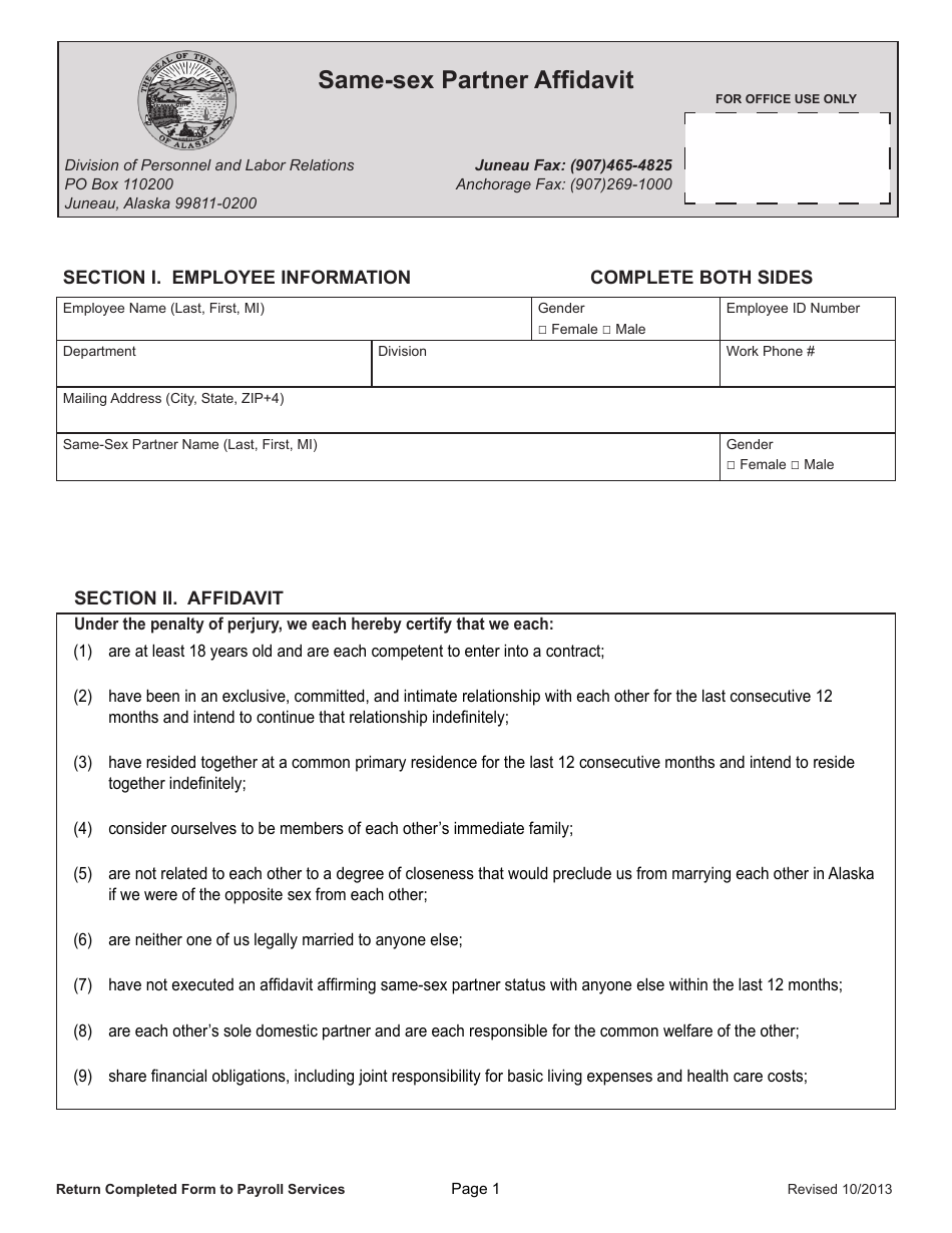 Same-Sex Partner Affidavit - Alaska, Page 1