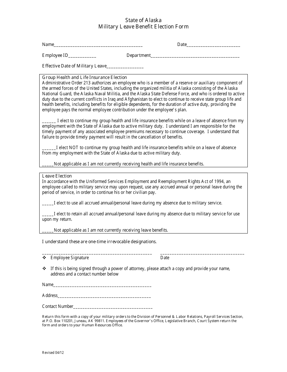 Military Leave Benefit Election Form - Alaska, Page 1