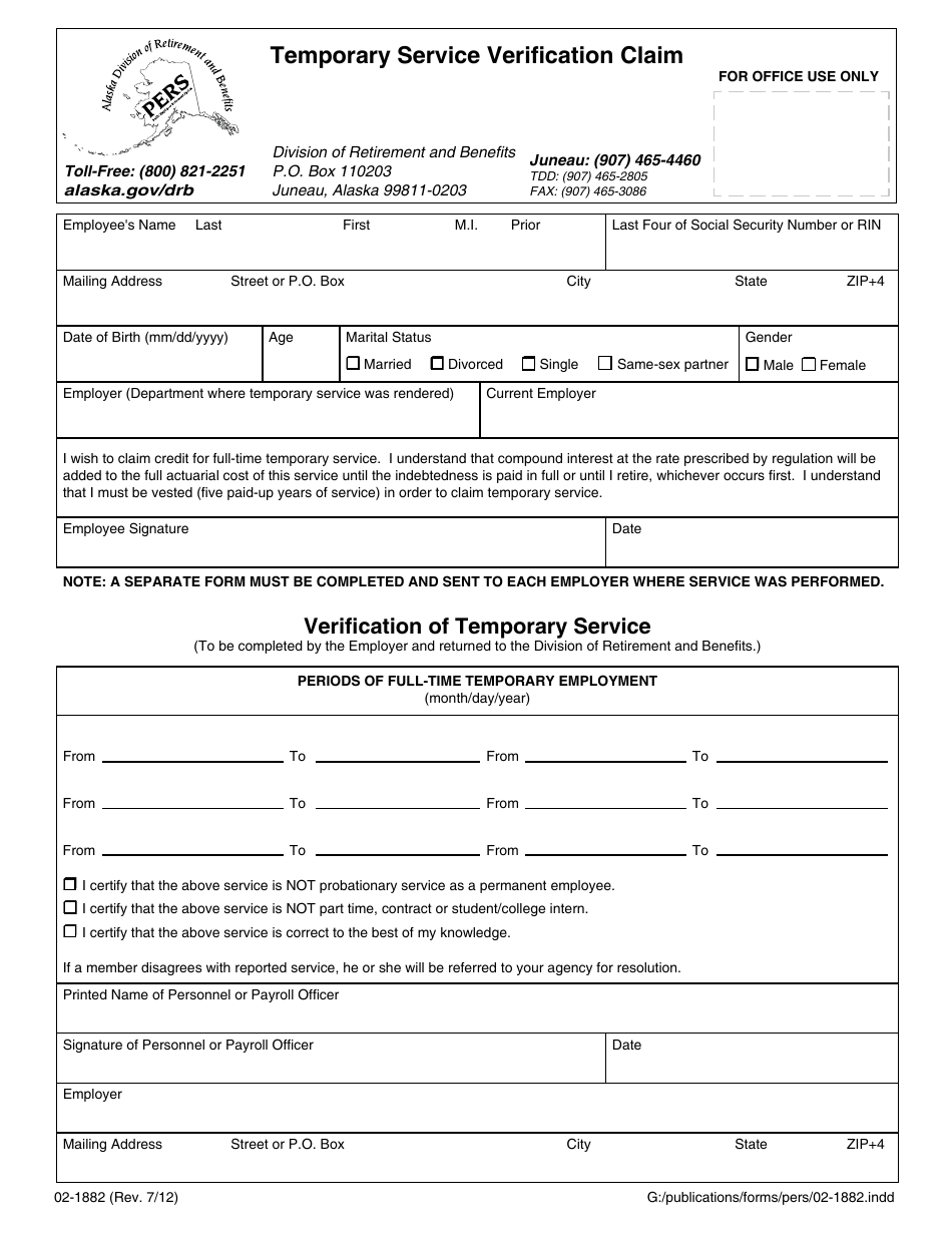Form 02-1882 Temporary Service Verification Claim - Alaska, Page 1