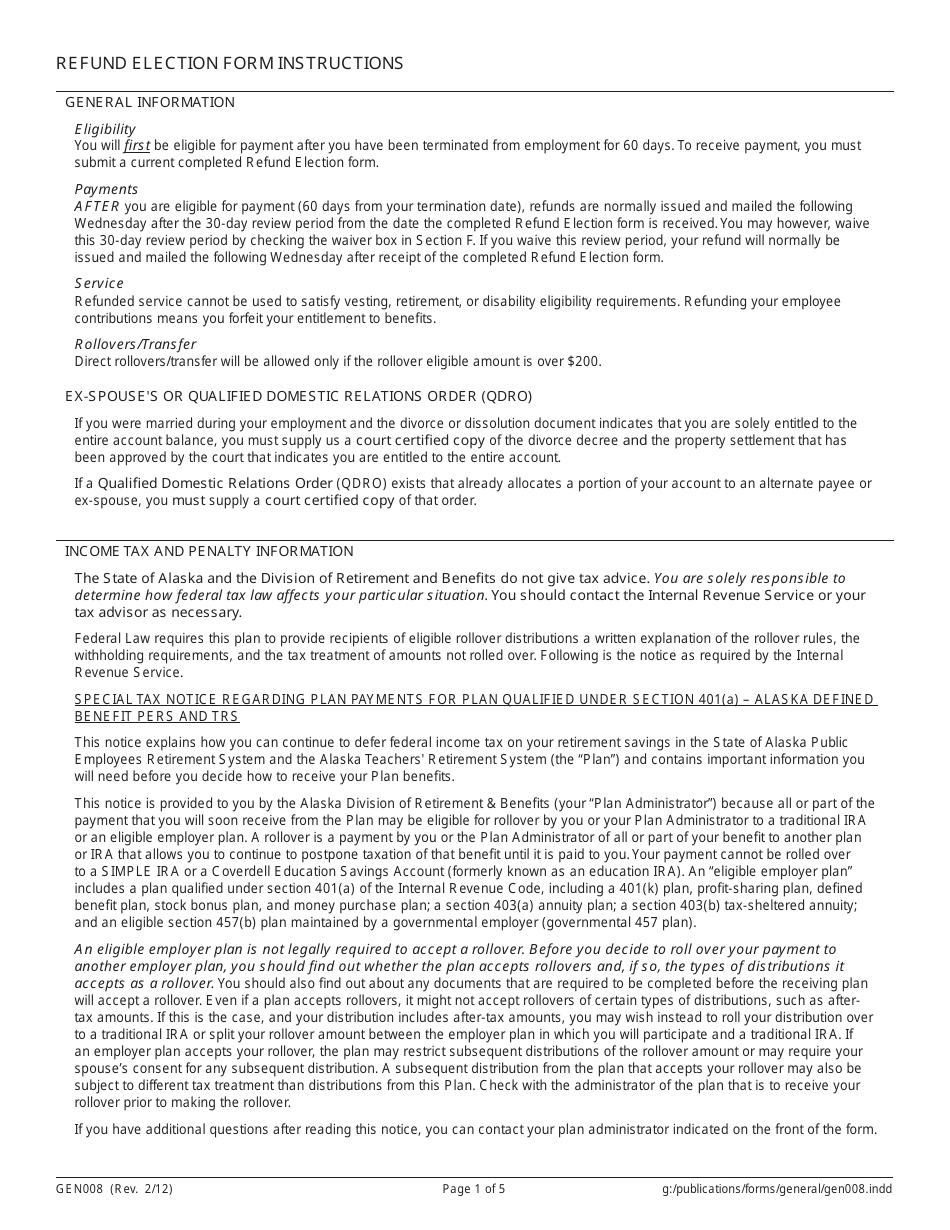 Form GEN008 Refund Election (Pers Tier I, II, Iii / Trs Tier I, II) - Alaska, Page 3