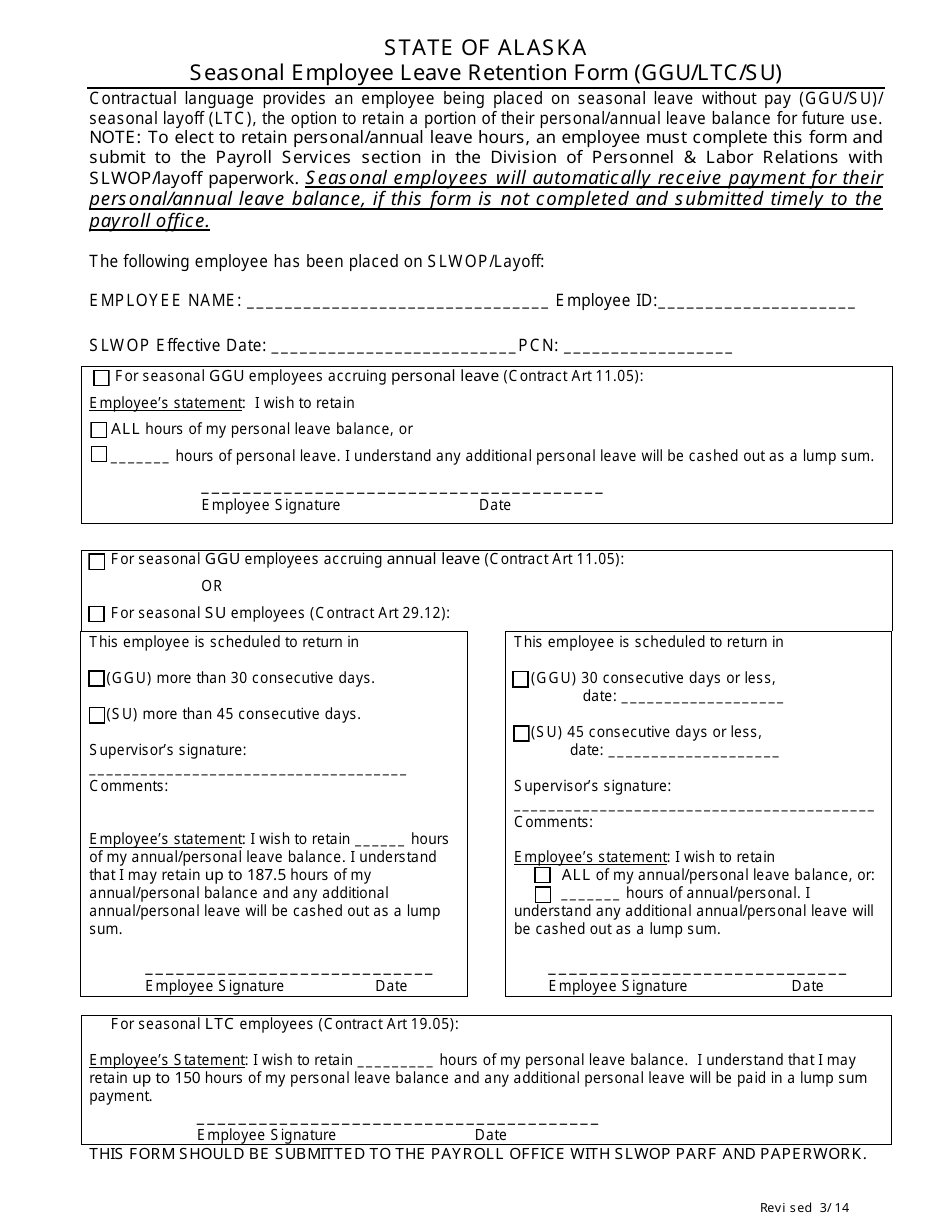 Seasonal Employee Leave Retention Form (Ggu / Ltc / Su) - Alaska, Page 1